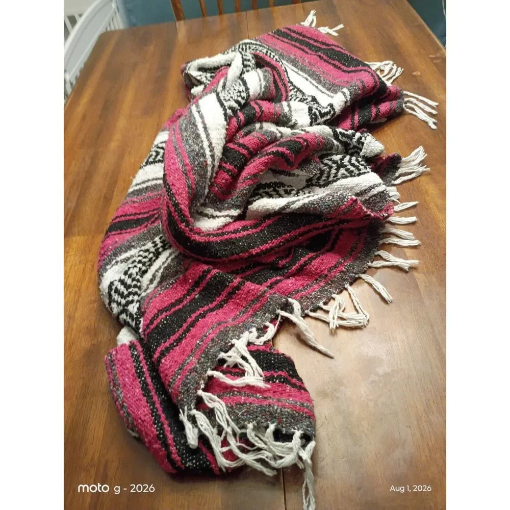 Southwestern Woven Serape Blanket Pink Black White Fringe Boho Camping Blanket
